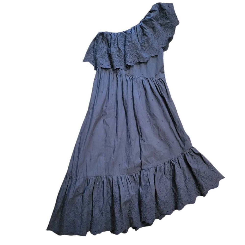 Piper Dress Women's Small Black One Shoulder Eyelet Ruffle Midi Summer